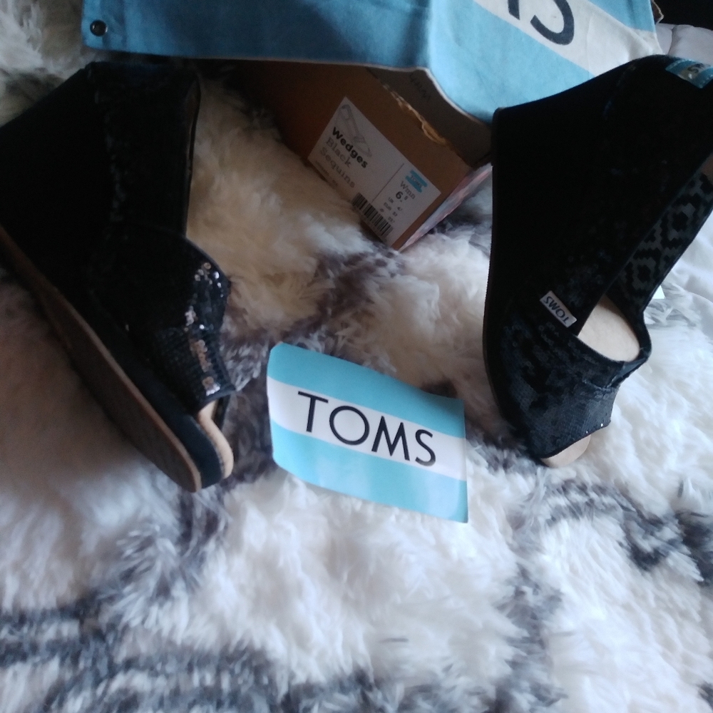 Toms Black Sequin Wedges